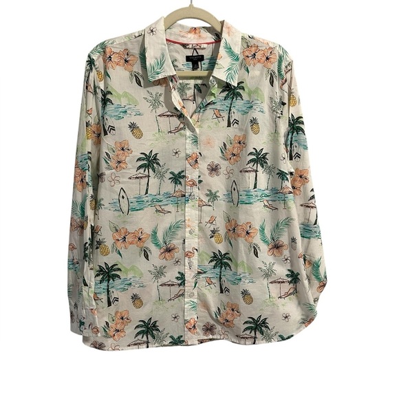Talbots Floral Modern Classic Button Down Shirt Scenic Beach Tropical Size PXL - Picture 2 of 9